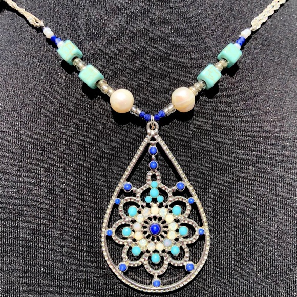 Hand Crafted Jewelry - HANDCRAFTED Upcycled silver blue beaded pendant necklace Southwestern vibe